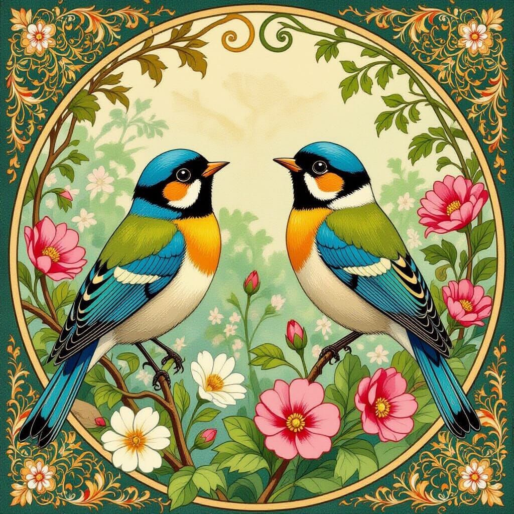 Harmonious Songbirds in a Lush Garden, Art Nouveau