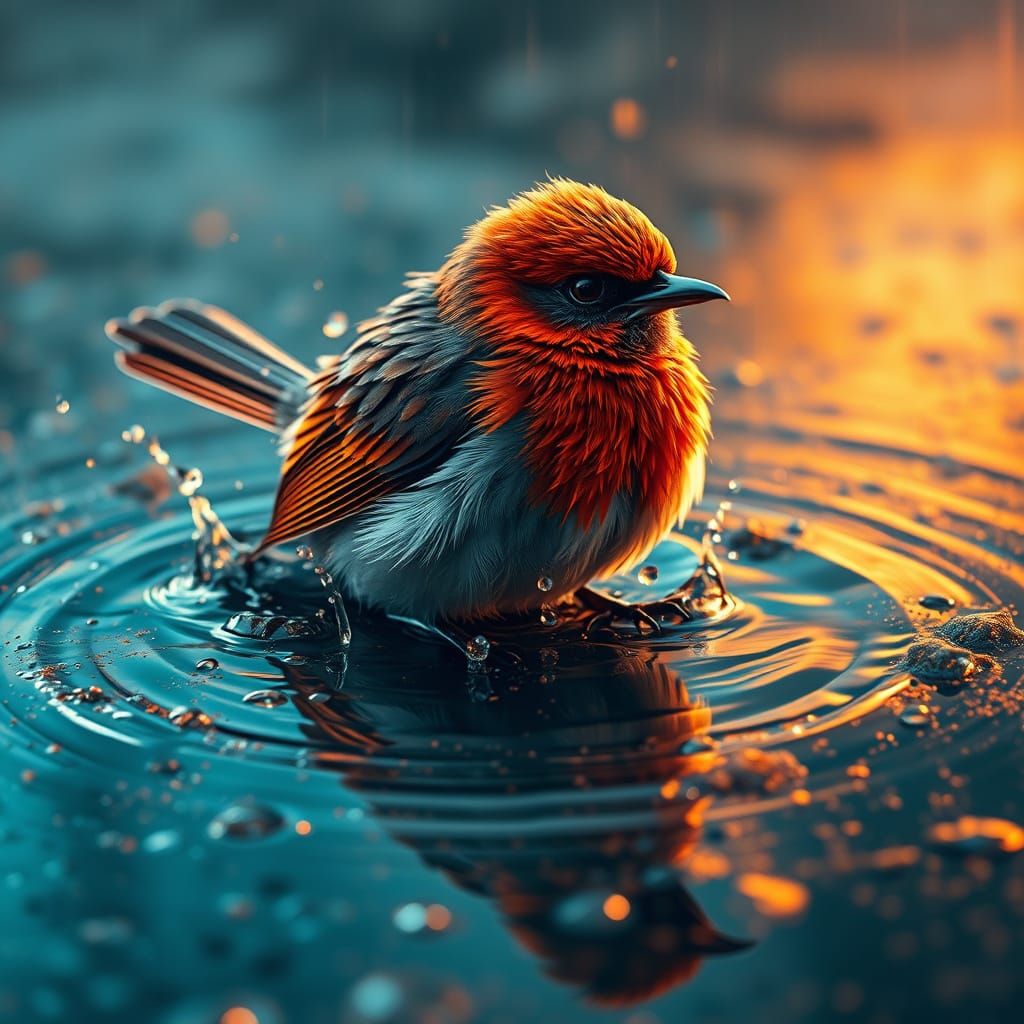 Bird Splashing in Puddle: Alcohol Ink Art