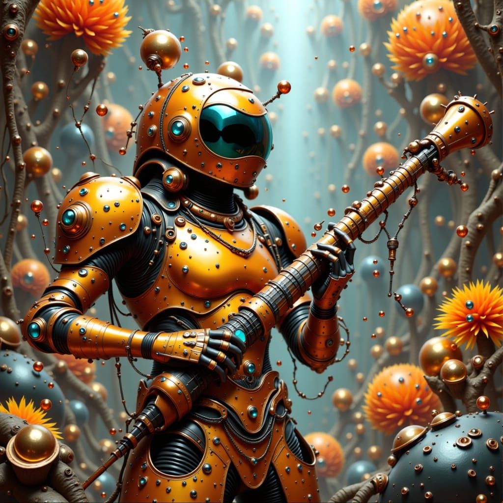 Metal Elemental Plays Music in Whimsical Landscape