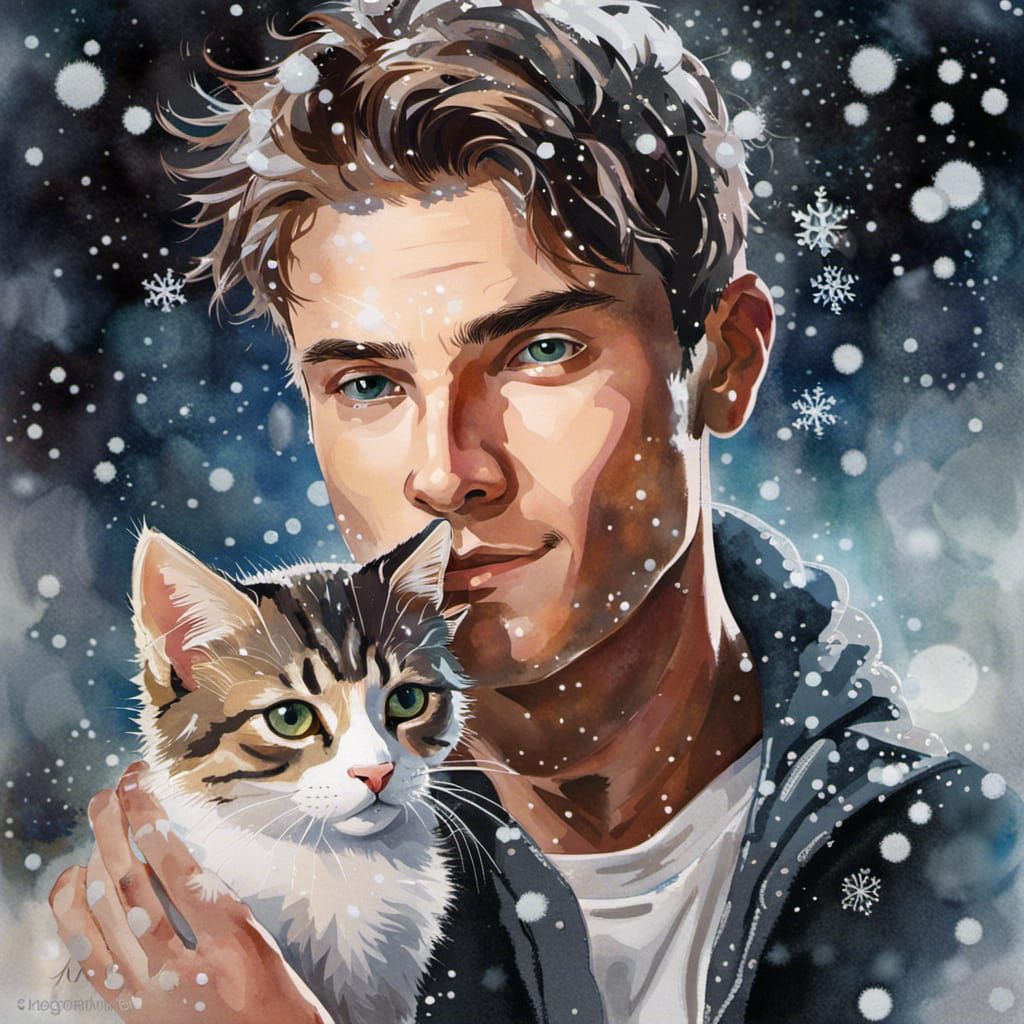 Young Man with Kitten in Watercolor Snowstorm