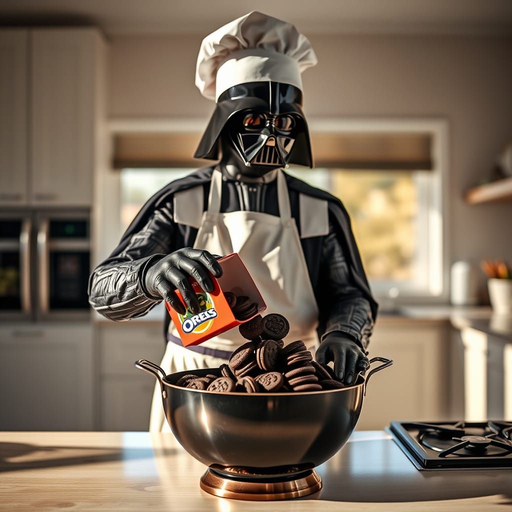 Darth Vader Surprised by an Oreo Bonanza in a Sunny Kitchen