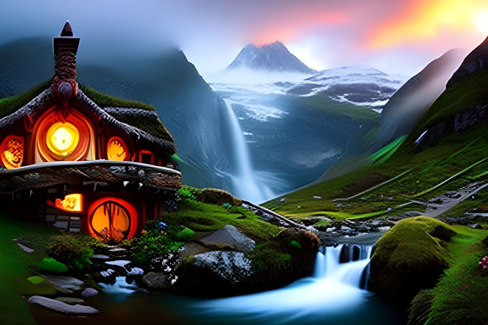 "Photo of a perfect Hobbit house by waterfalls and a mountain stream - 1823
