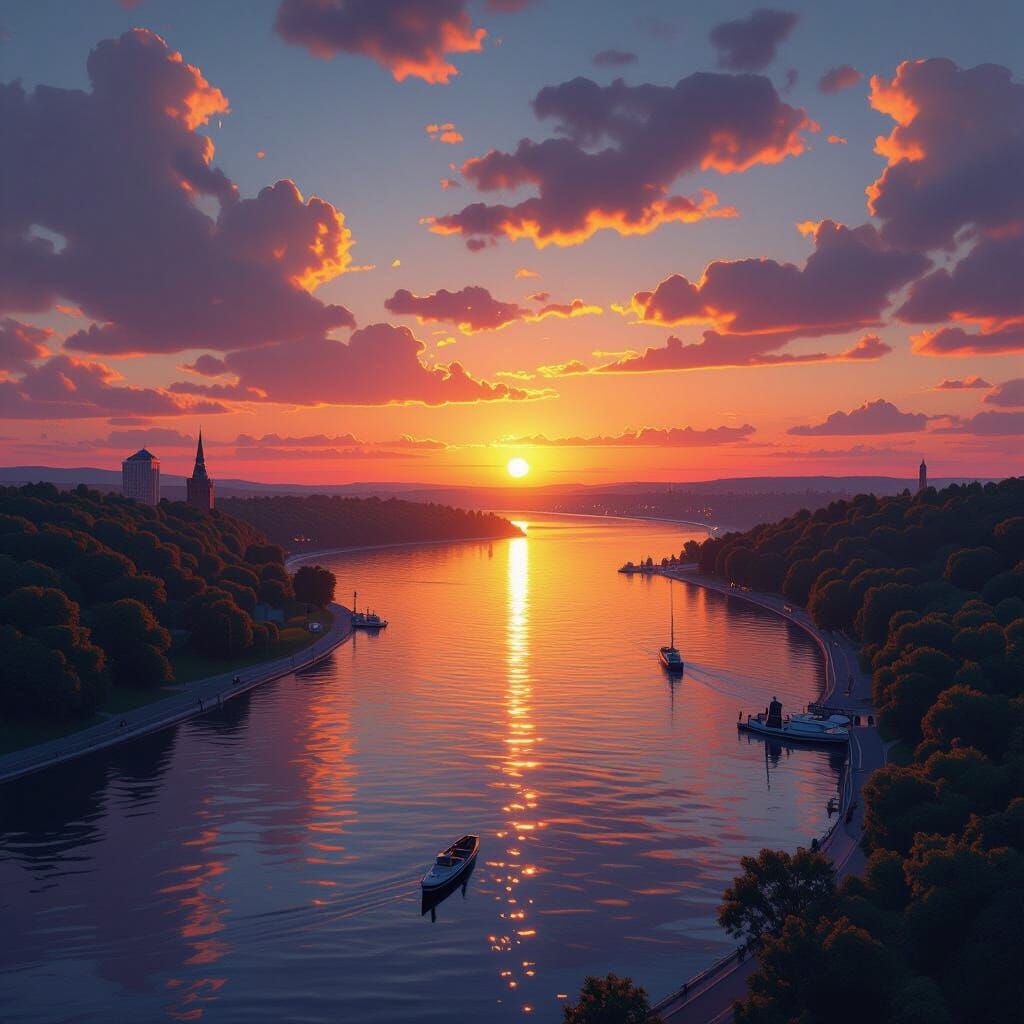 Majestic Hudson River Sunset Fantasy Matte Painting