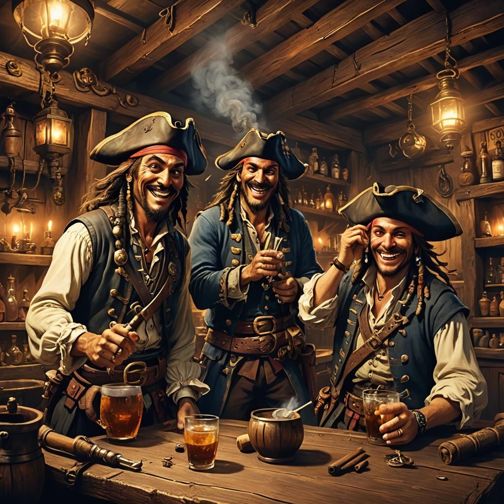 Pirates Enjoying Rum in Dimly Lit Inn