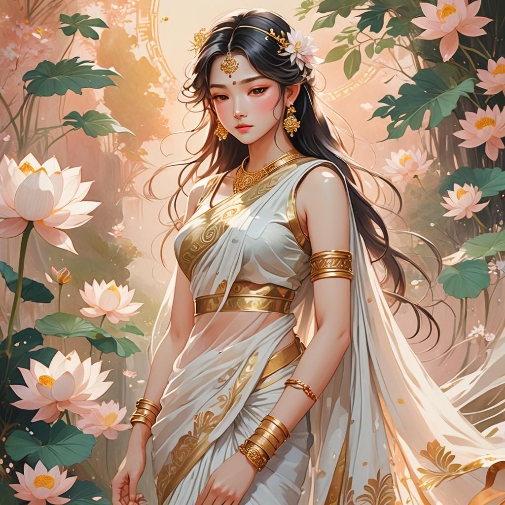 Elegant Anime Goddess in White Sari with Lotus Patterns