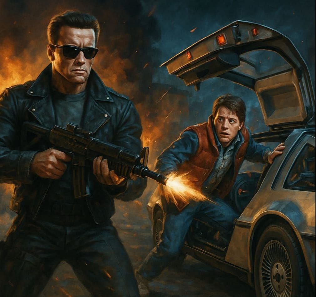Terminator Protects Marty McFly at Delorean