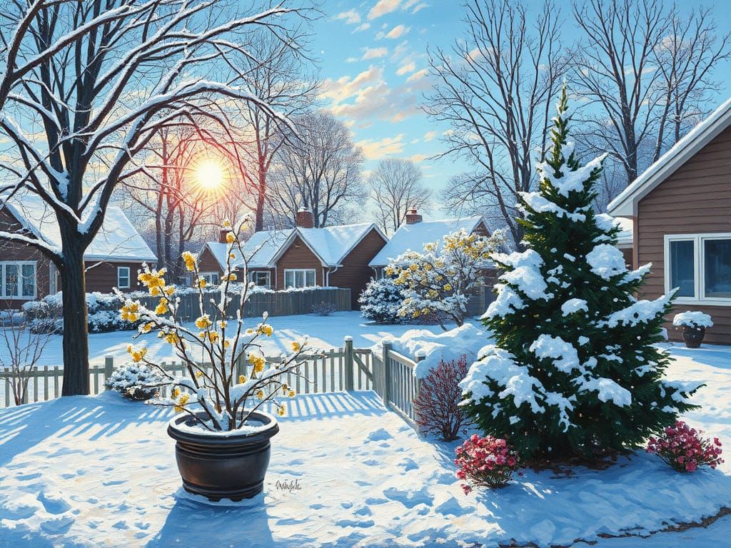 Realistic Impressionist Snowy Garden in North Carolina
