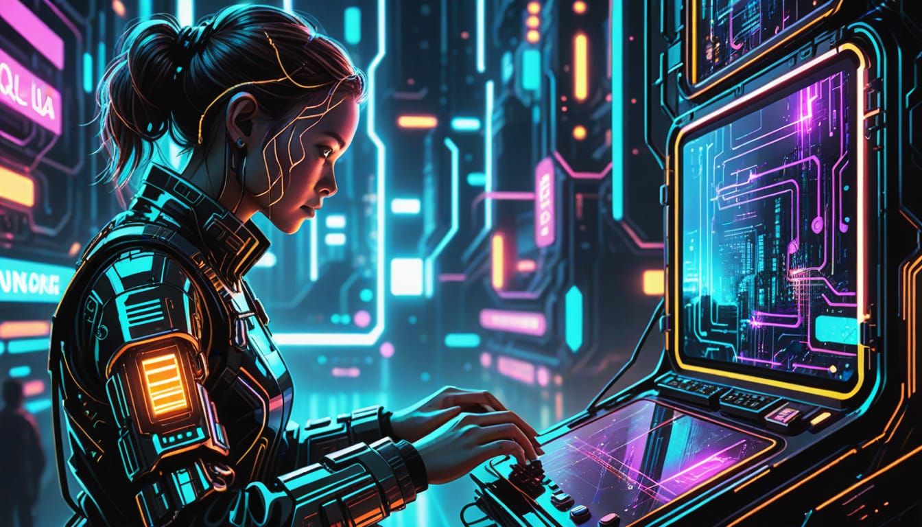 Person Interacts with Technology in Sci-Fi Cityscape