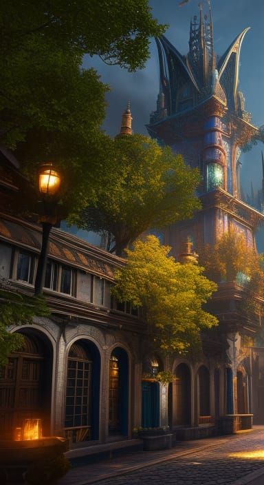 Elven Town Street View in Detailed Matte Painting