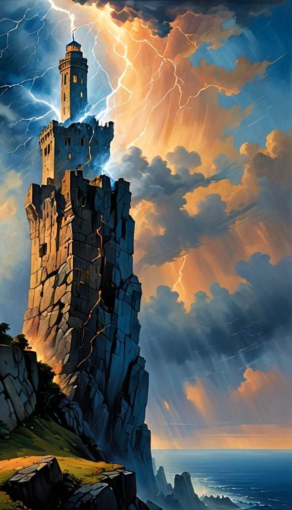 Surreal Lightning-Struck Tower in Heavy Brushstrokes