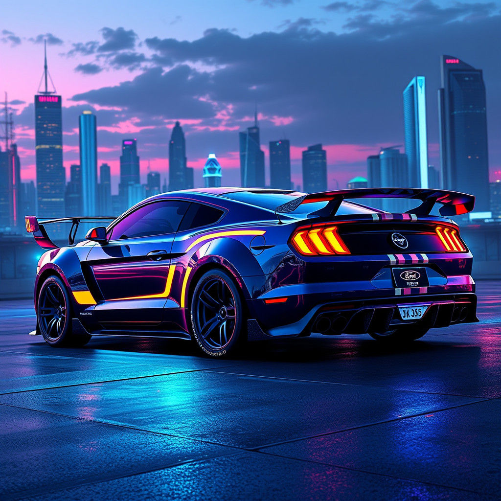 Futuristic Neon Ford Mustang in Cyberpunk Cityscape