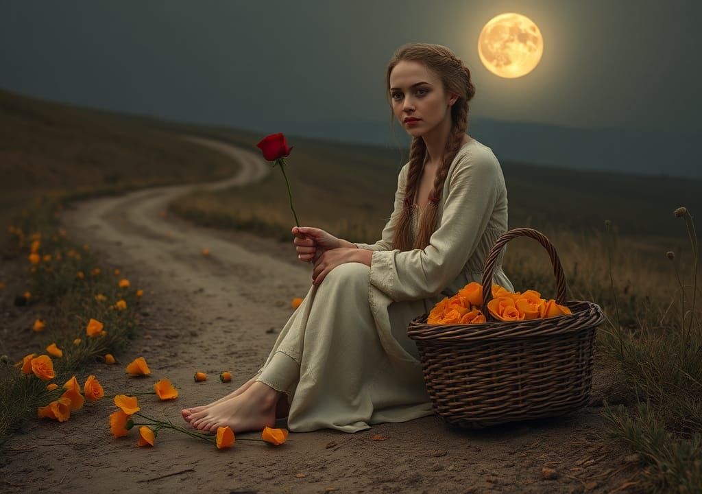 Woman with Roses in Moonlit Landscape Painting