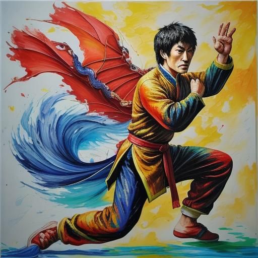 Bruce Lee Dragon Dance: Neo-Impressionist Oil Painting