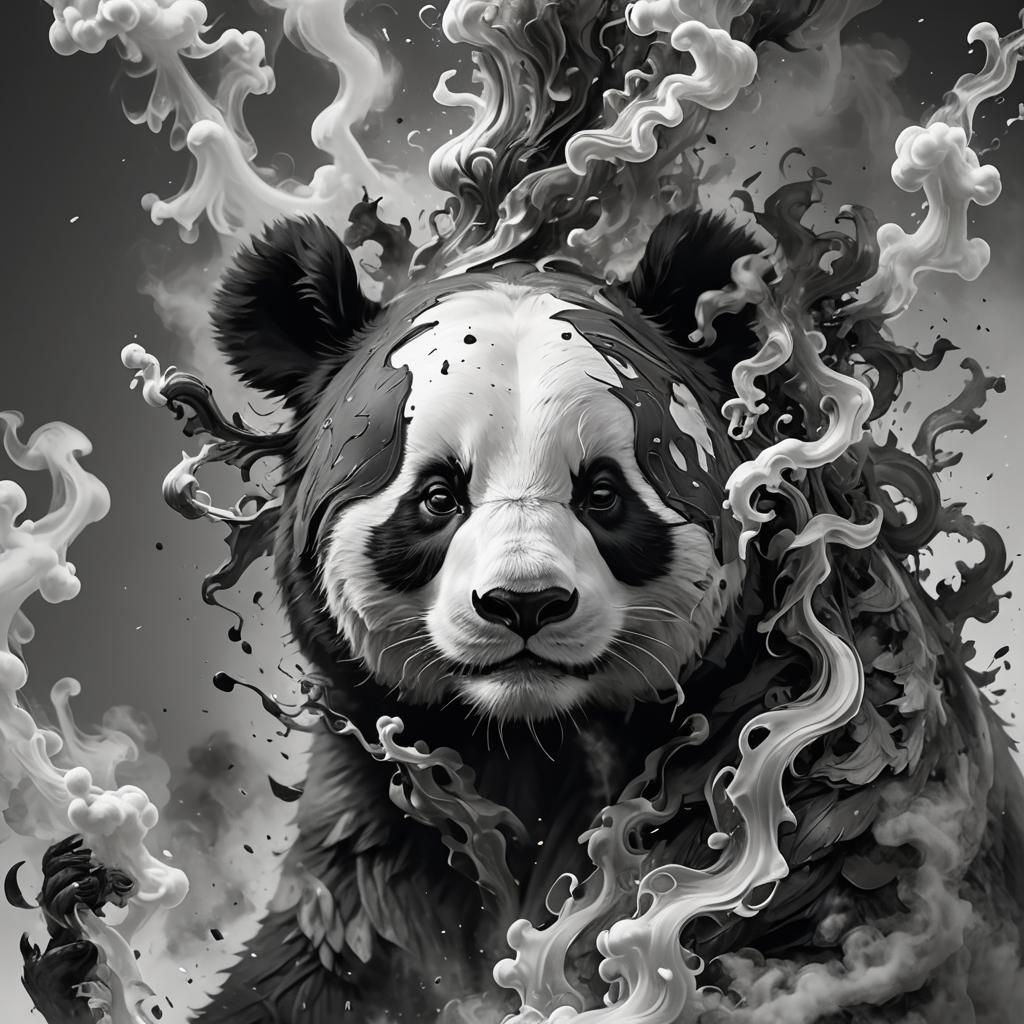 Panda Bear Portrait in 3D Smoke, Detailed Art