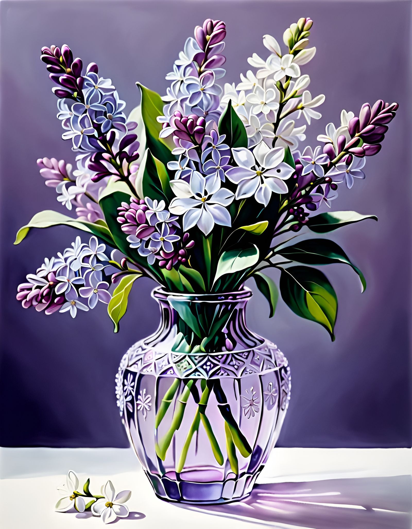 A crystal glass vase of lilac flowers with a few white flowers, intricately detailed hyperrealism 8K 3D radiant intricat...