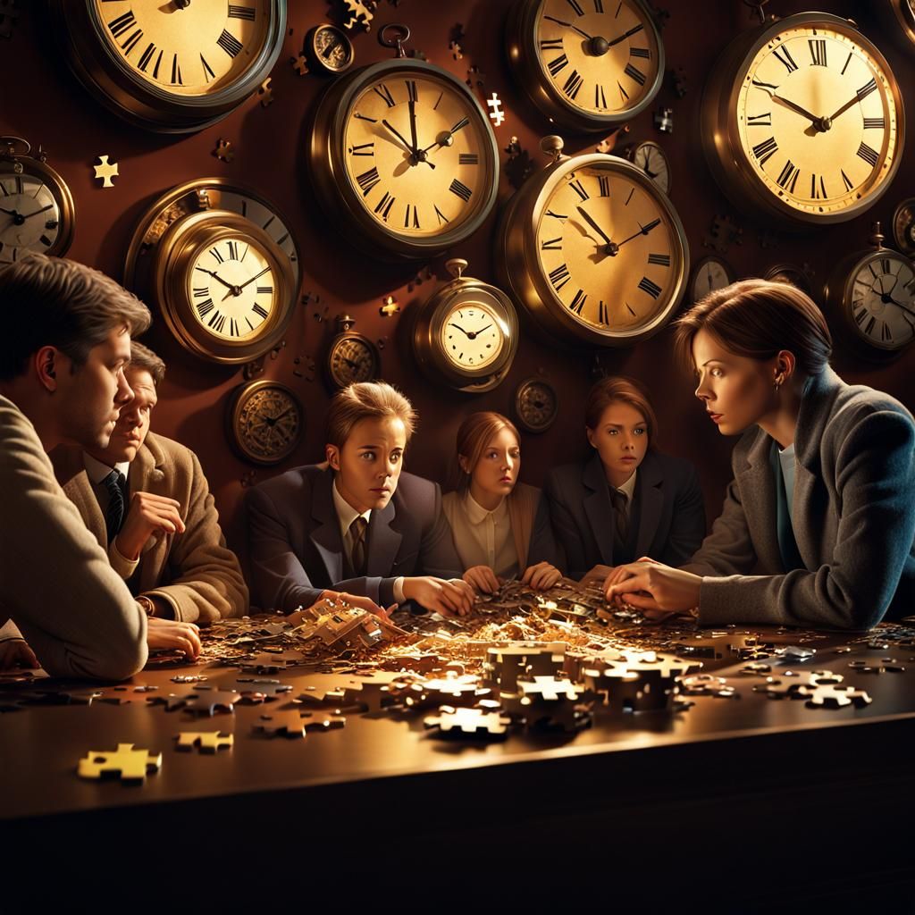 Confused People in Clockwork Puzzle Room: Photorealistic Art