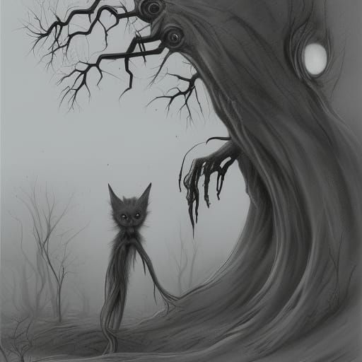 Eldritch Horror Creature in Forest, Sketch Art