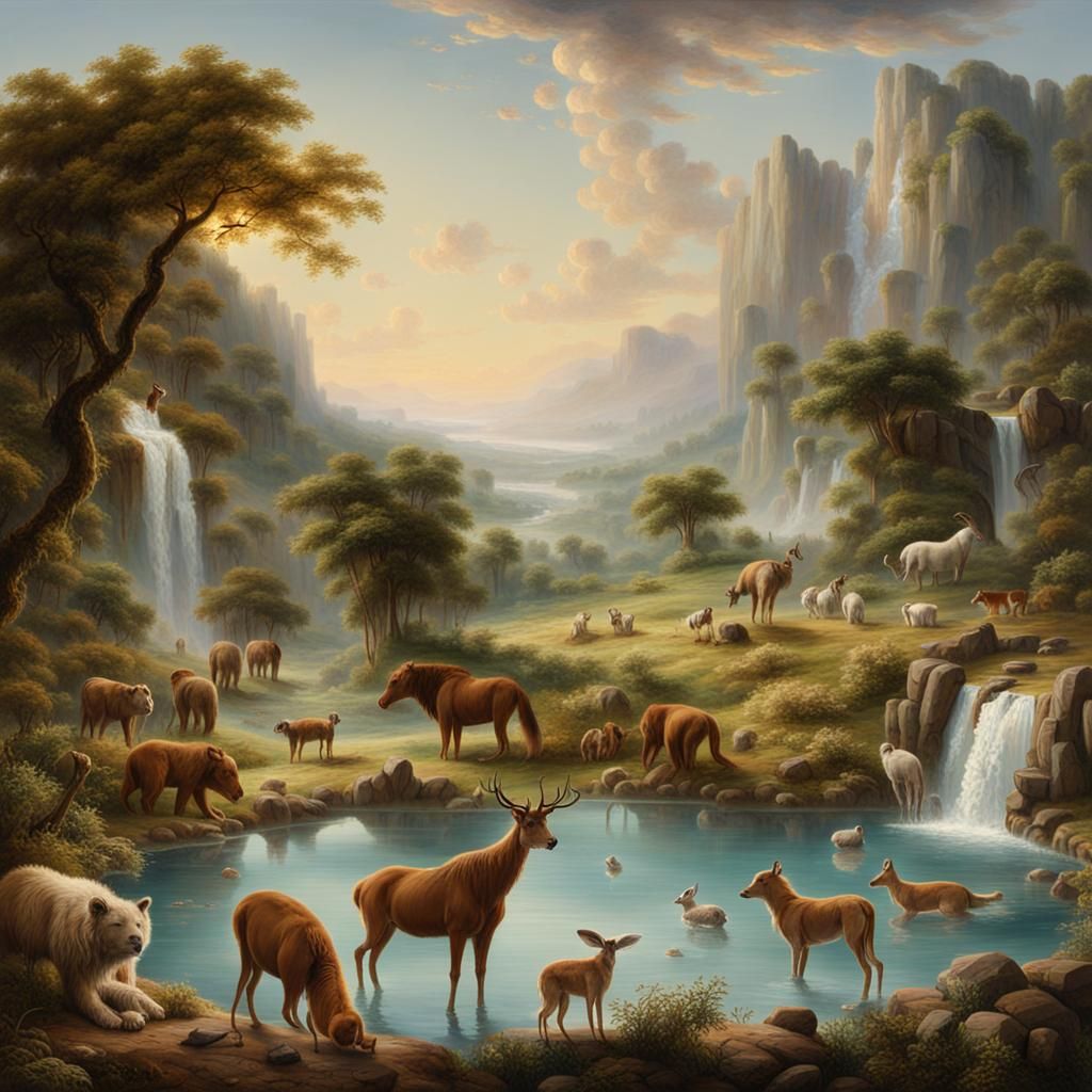 Dreamy Landscape with Animals and Cascading Water