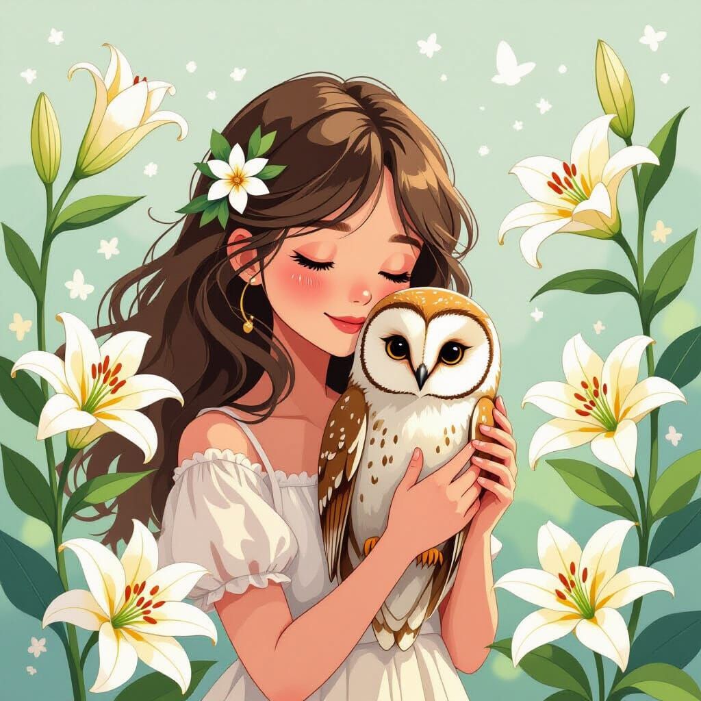 Girl with Love Owl and Lilies in Whimsical Style