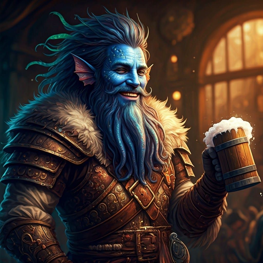 Blue-Skinned Pirate with Tentacle Beard in Tavern
