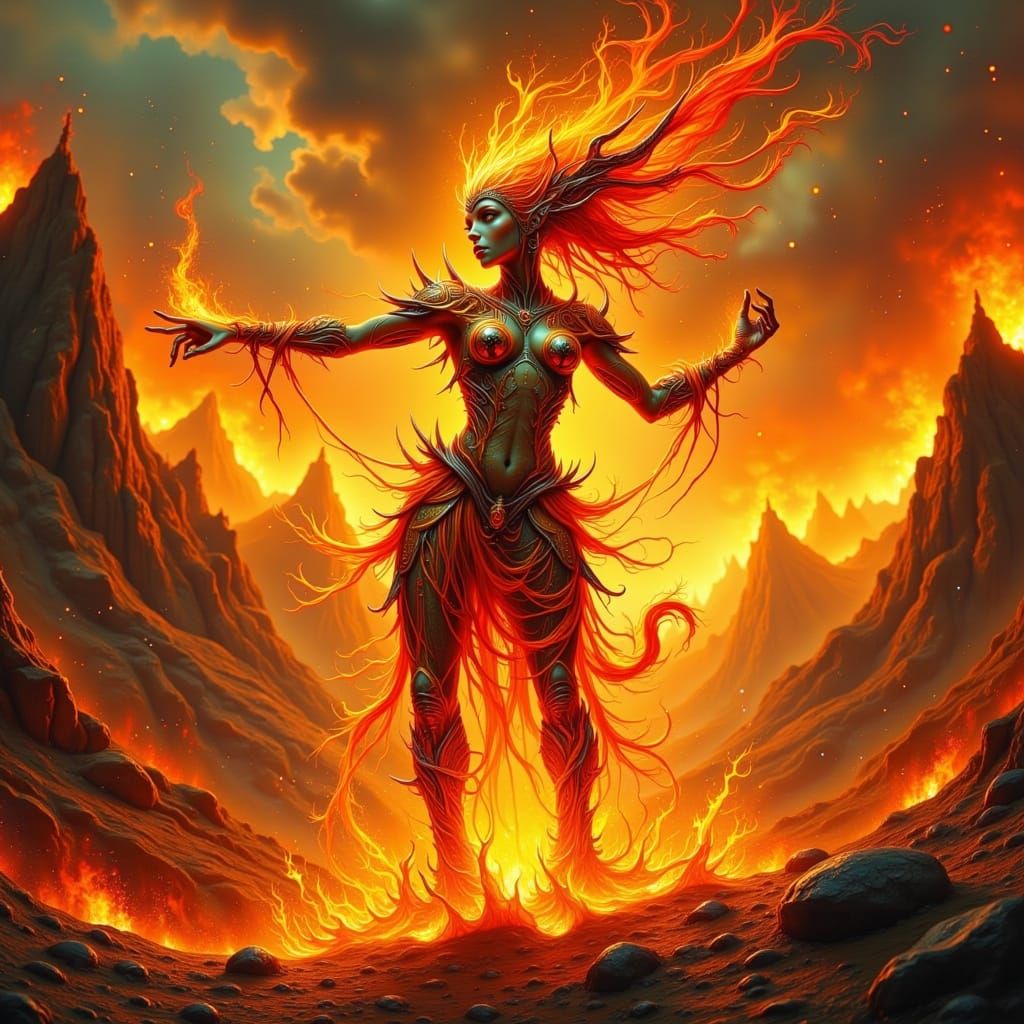 Cyberpunk-Inspired Fire Elemental in Apocalyptic Landscape