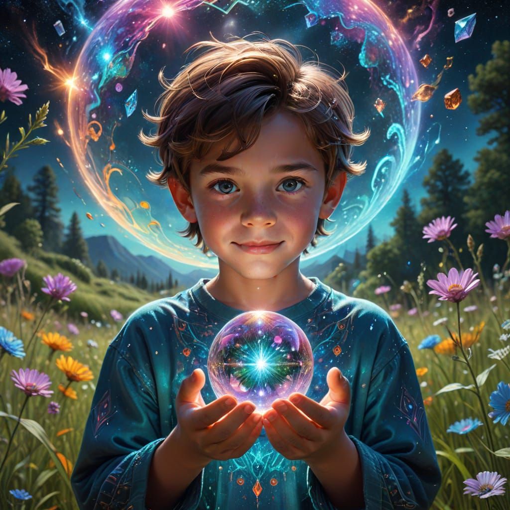 Young Boy Radiates Optimism with Crystal Orb in Vibrant Mead...
