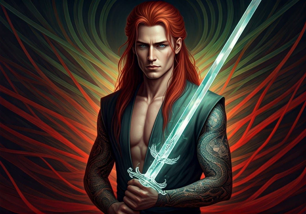 Ethereal Man with Dragon Tattoos in Art Nouveau Style