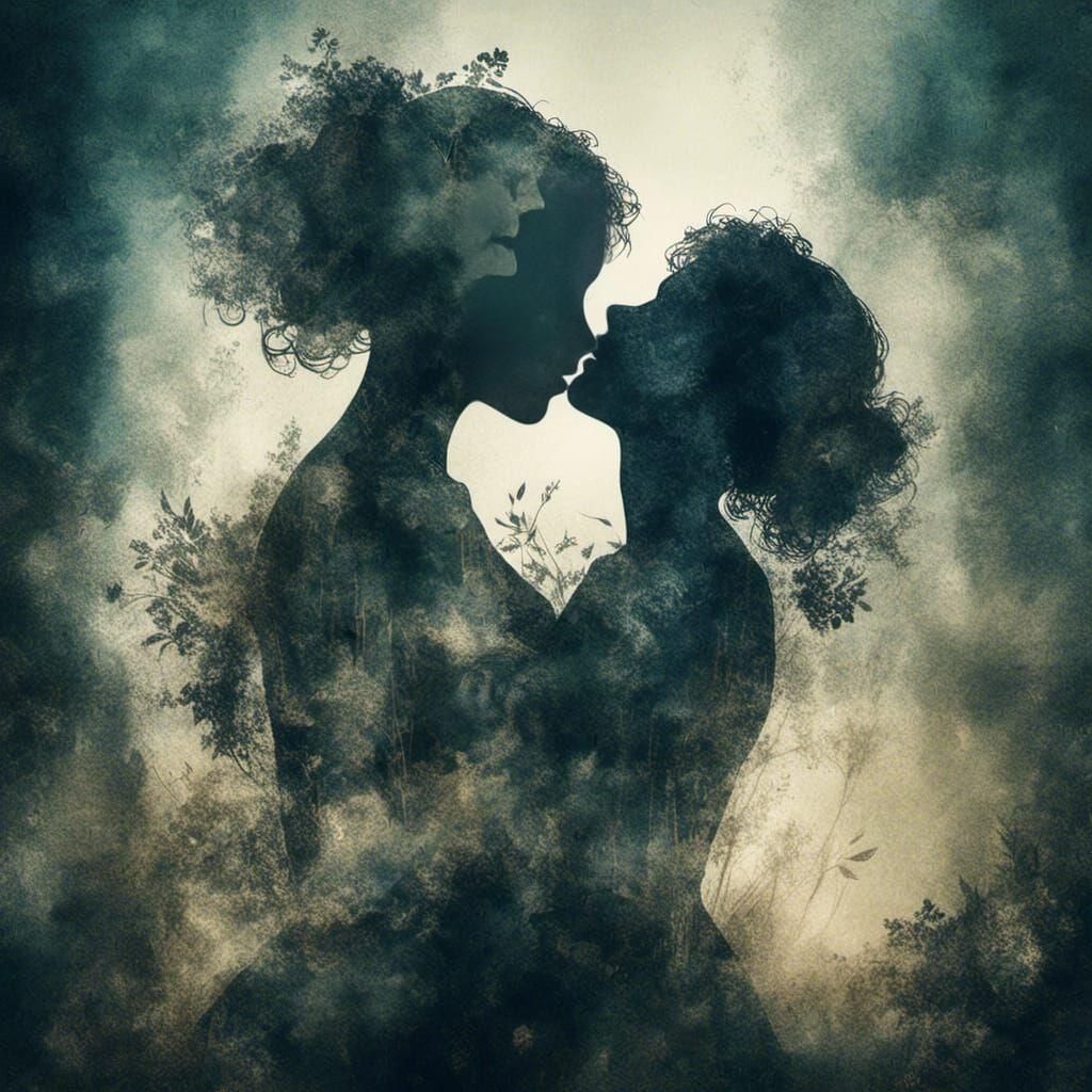 Double Exposure: Women Embracing in Silhouette