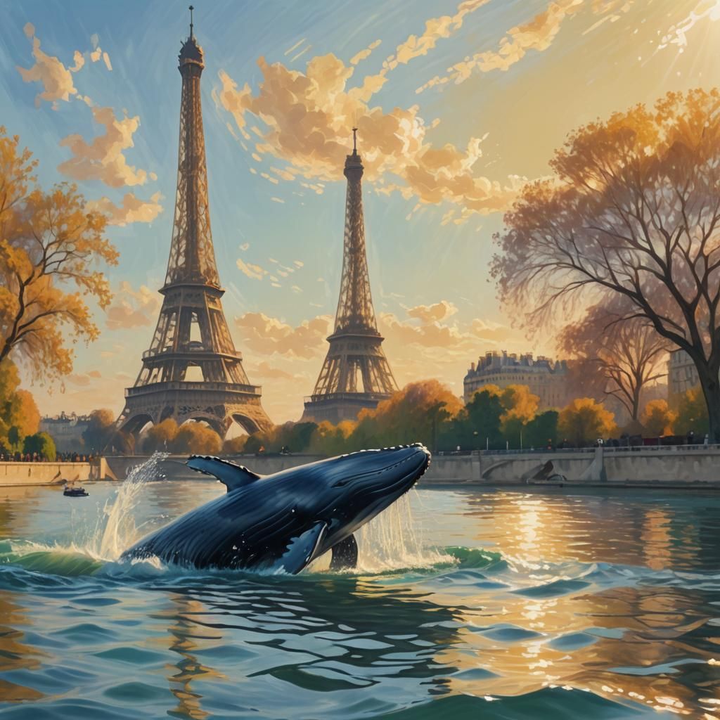 Whale Swimming in Seine River, Impressionist Style