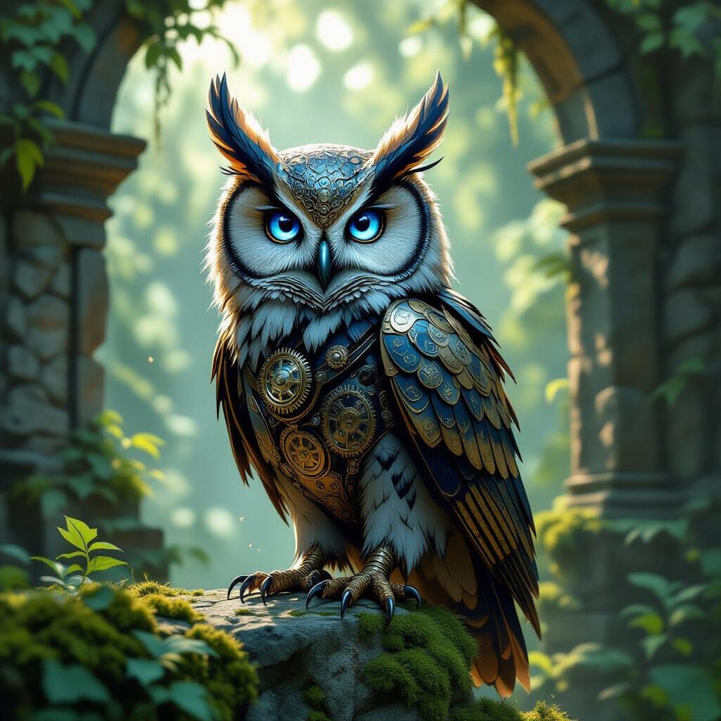 Mechanical Owl Perched on Stone Ruin