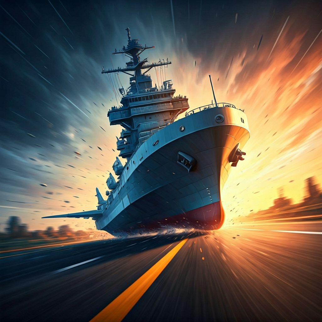 Aircraft Carrier Skids Down Freeway in Hyperrealistic Splash...