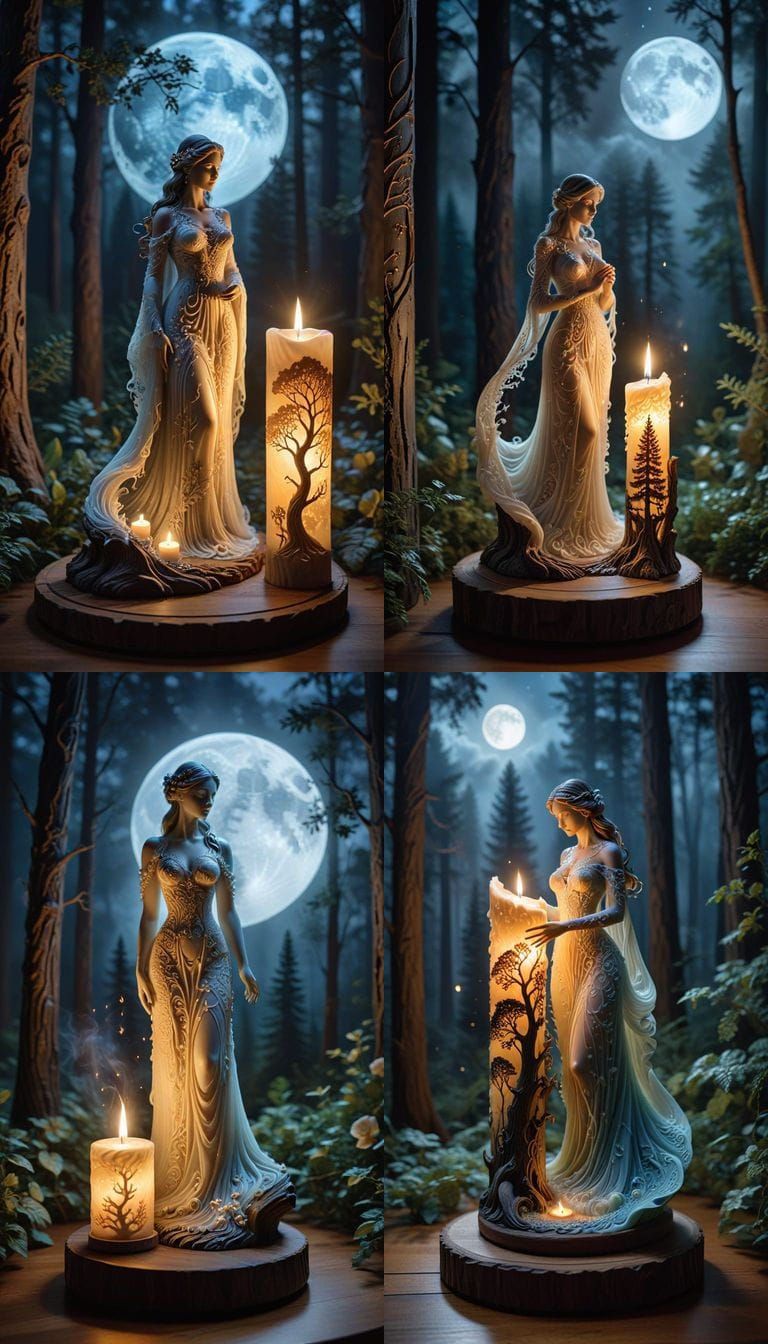 Enchanting Candle With Carved Woman Under Full Moon