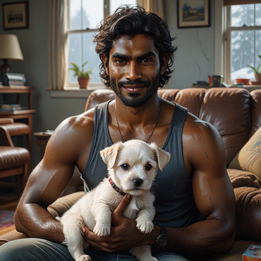 Strong Sri Lankan Man Cradles Adorable White Puppy