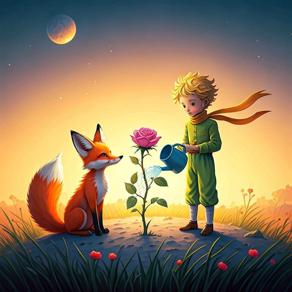 Little Prince Watering Rose in Barren Meadow