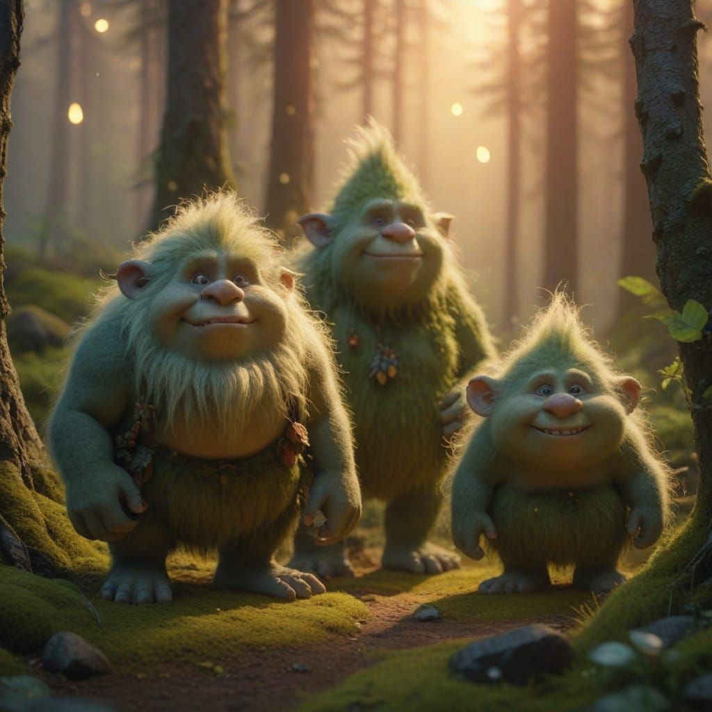 Norwegian Troll Family in Forest: Whimsical Illustration