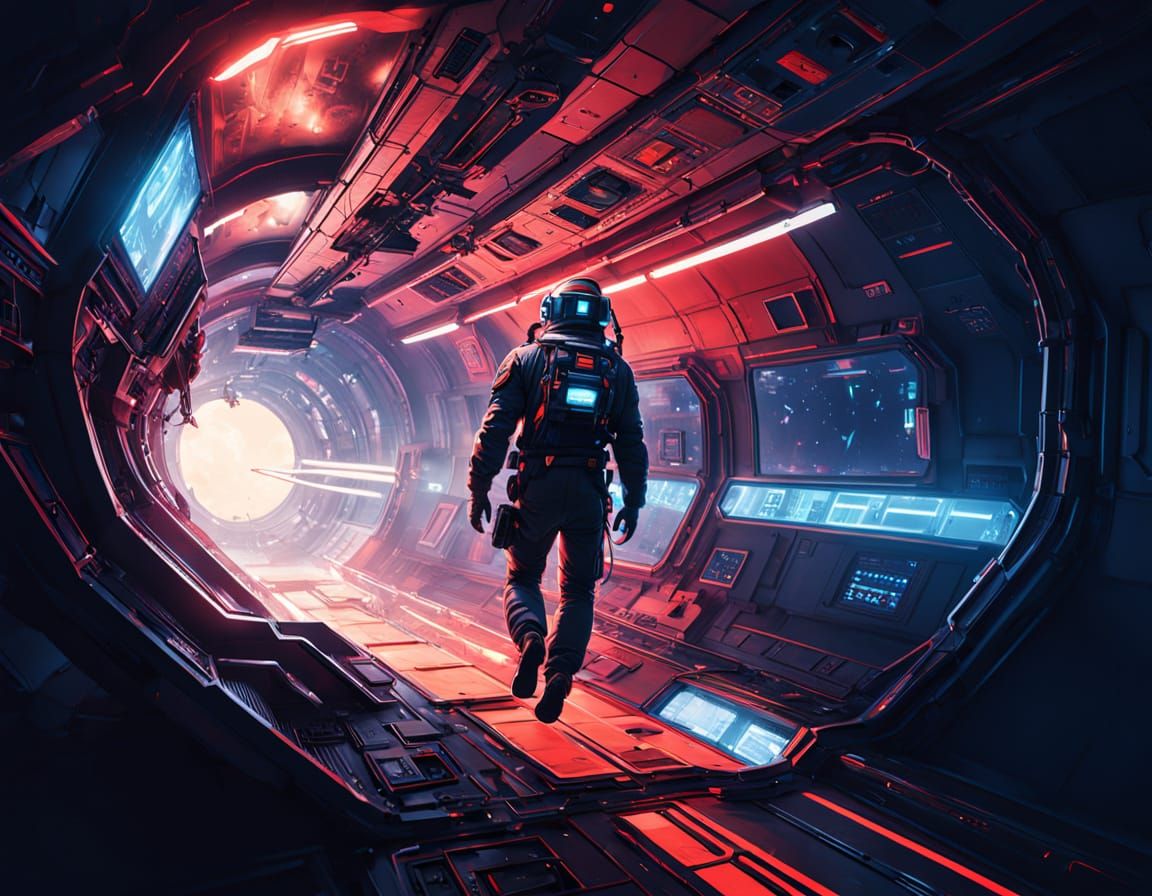 Atompunk Pilot Soaring Through Space Station