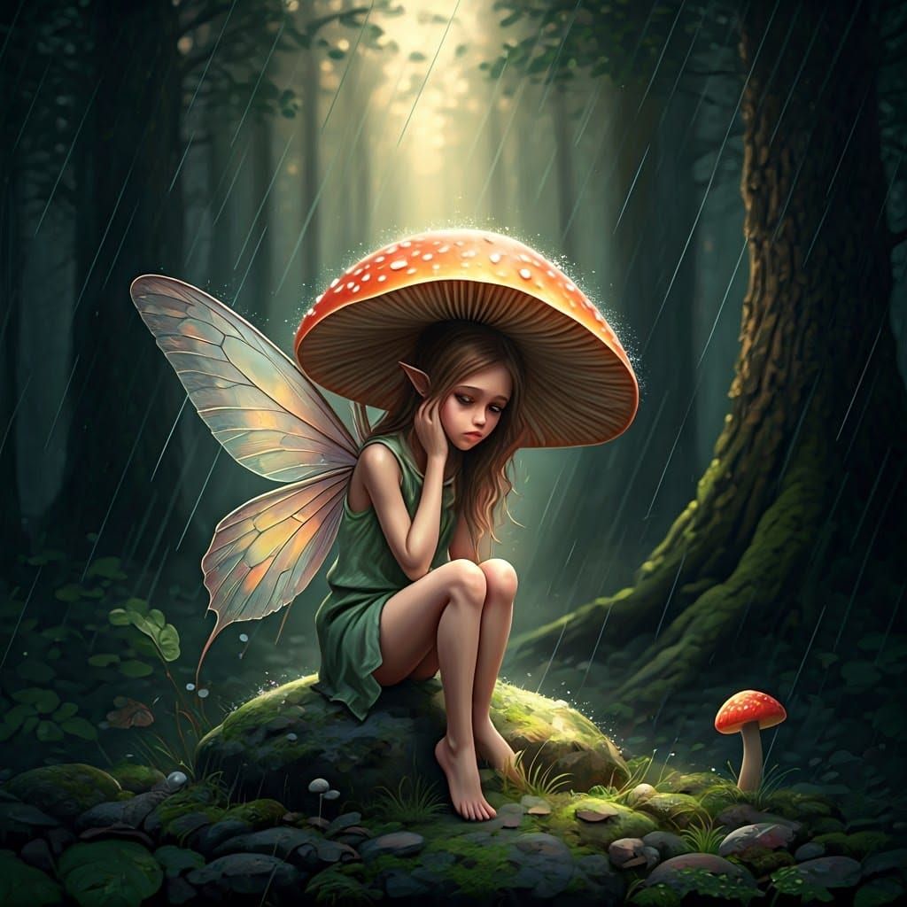 Sad Fairy Shelters from Rain in Pastel Forest