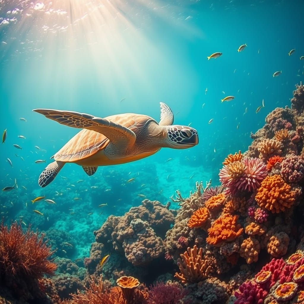 Majestic Sea Turtle in Vibrant Coral Reef