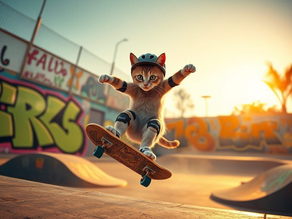 Cool Cat Performs Kickflip in Graffiti Skate Park