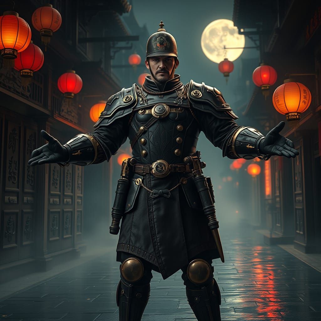 Steampunk Soldier in Victorian Armor, Shanghai Alleyway