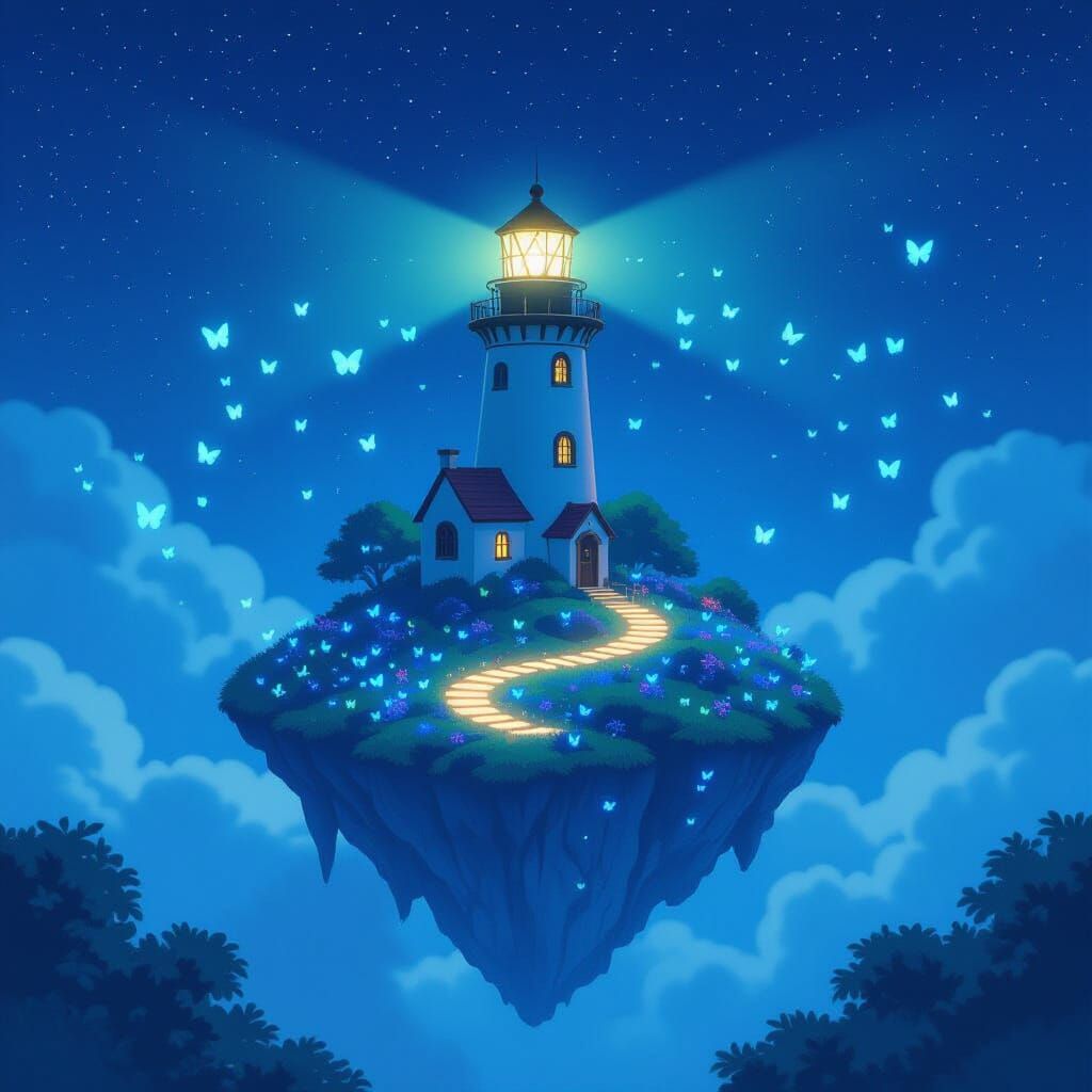 Whimsical Lighthouse on Floating Island Guiding Butterfly Pa...