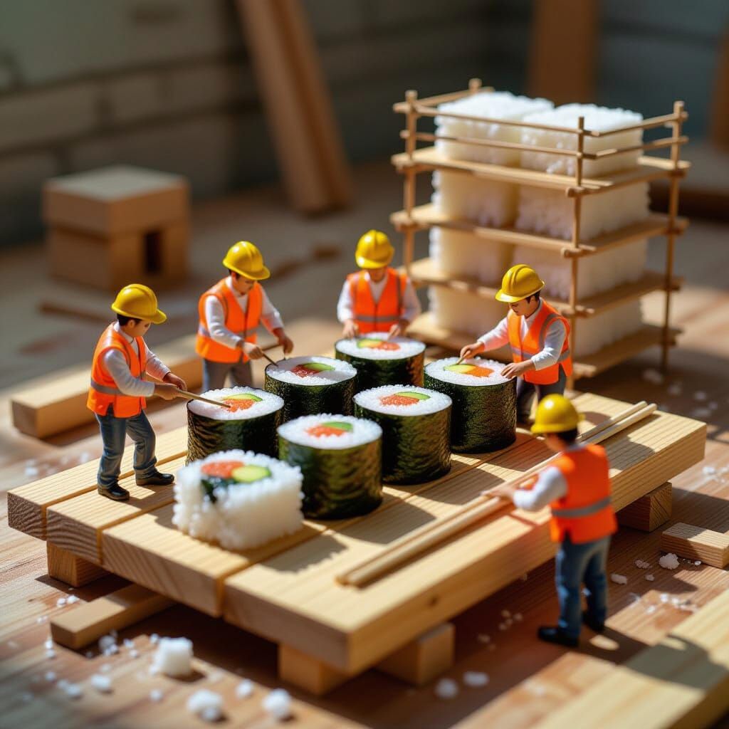 Miniature Workers Constructing Sushi House in Hyperrealism S...