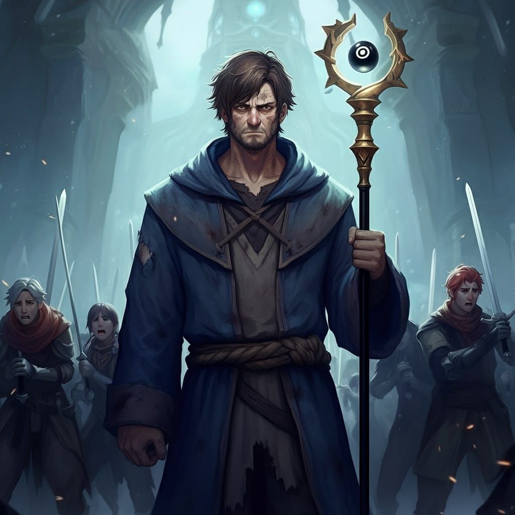 Disheveled Wizard Surrounded by Adventurers in Ethereal Glow