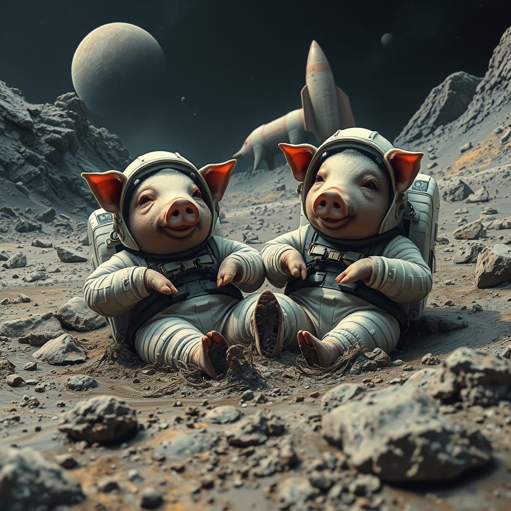 Astronaut Pigs on the Moon in Hyperrealistic Style