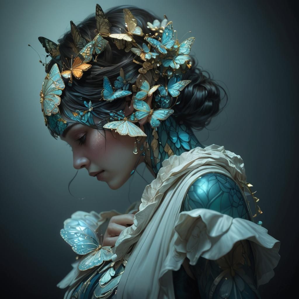Butterfly Woman Portrait in Hyperrealistic Art Nouveau Style
