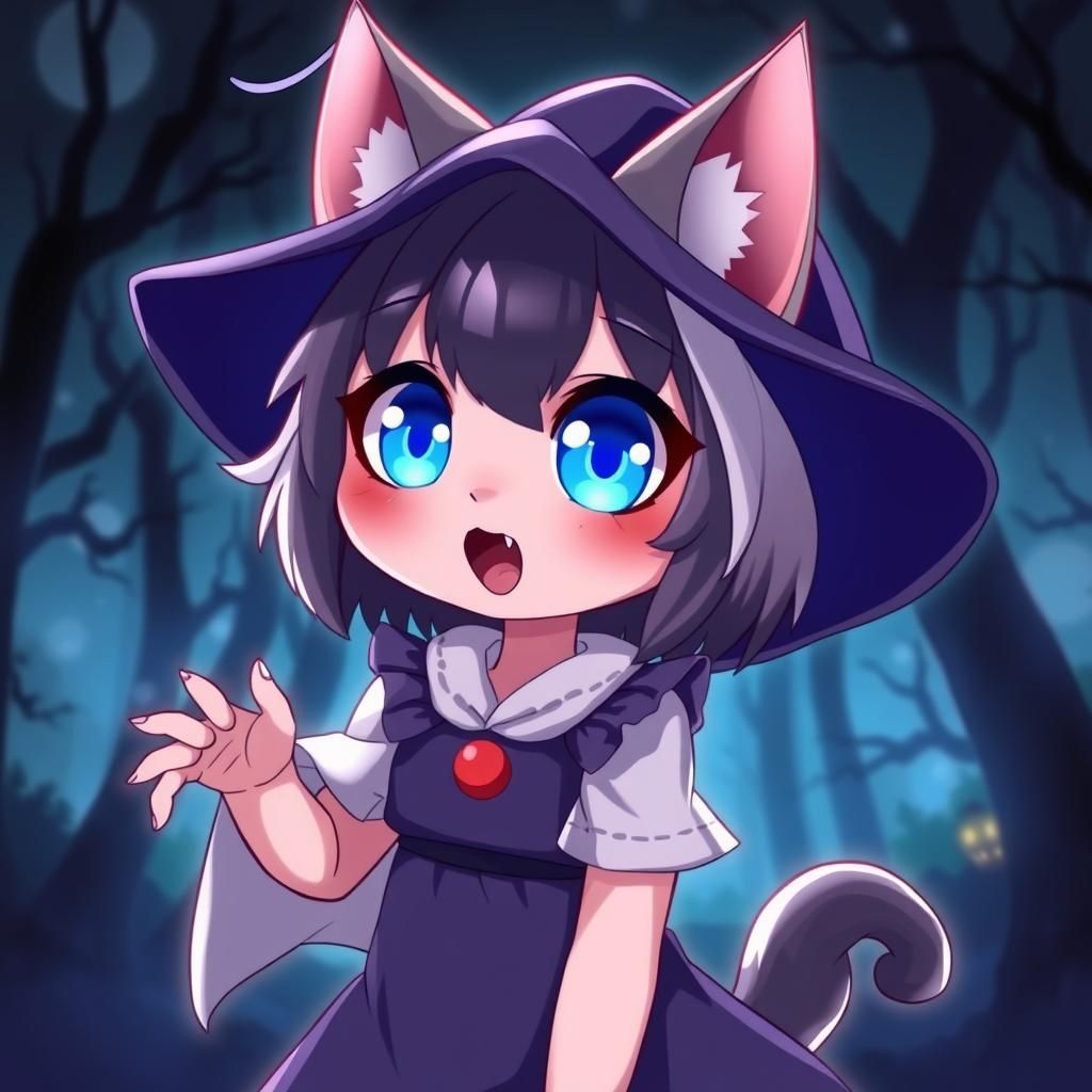 Spooky Cute Anime Catgirl in Haunted Forest