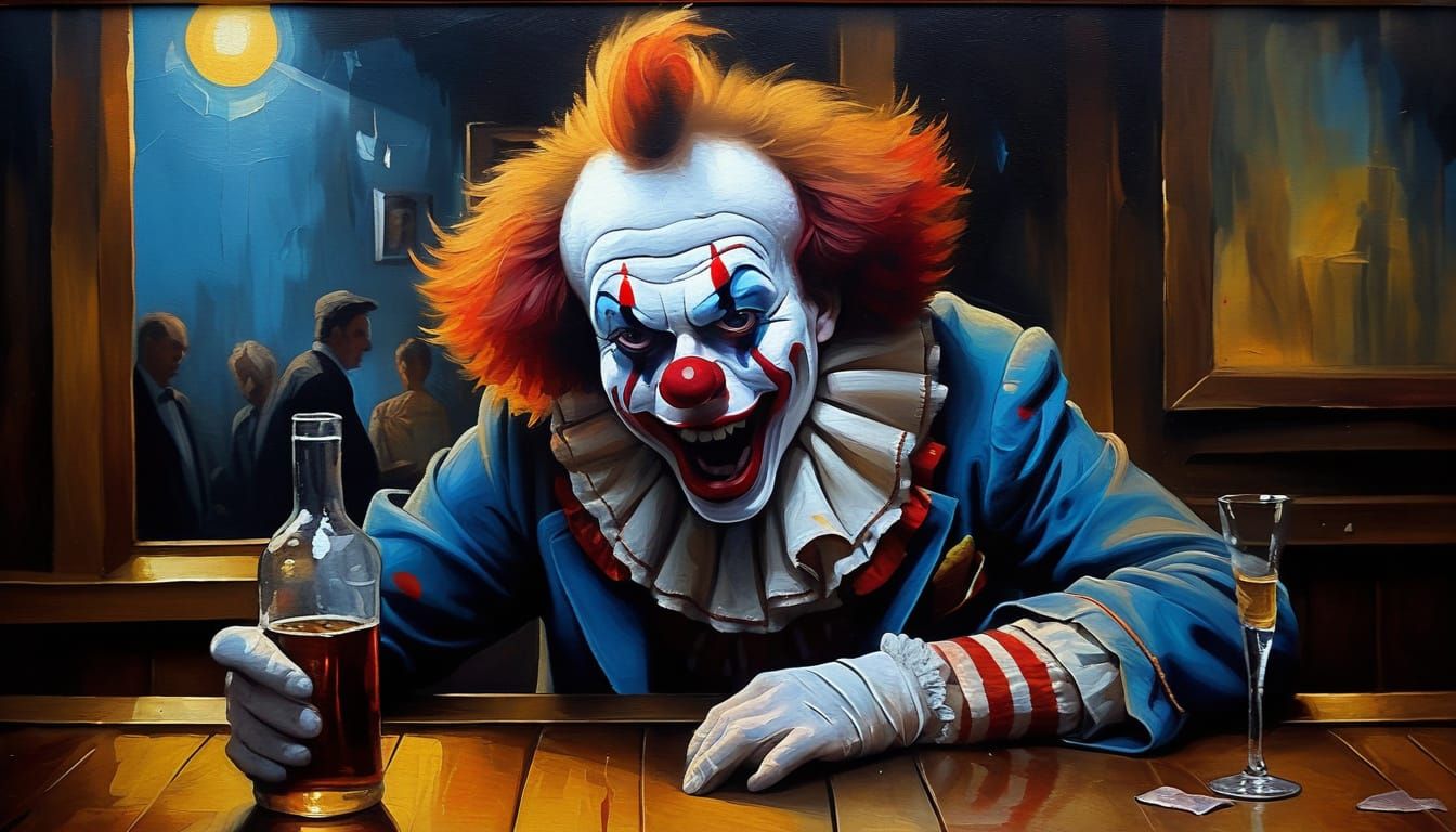 Drunken Clown Exclaims 'No One Gives a Hoot!' in Moody Bar