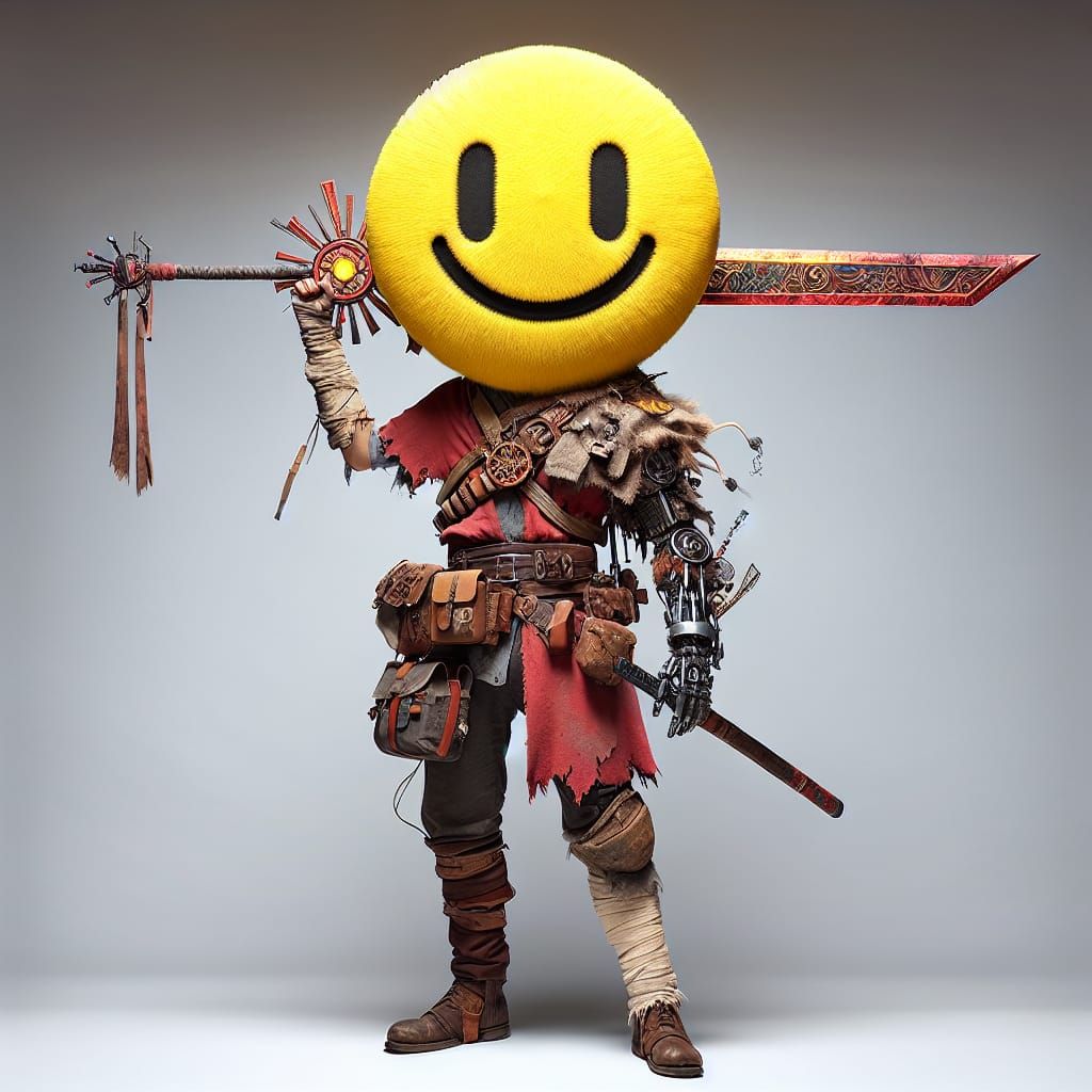 Post-Apocalyptic Smiley Character with Red Sword