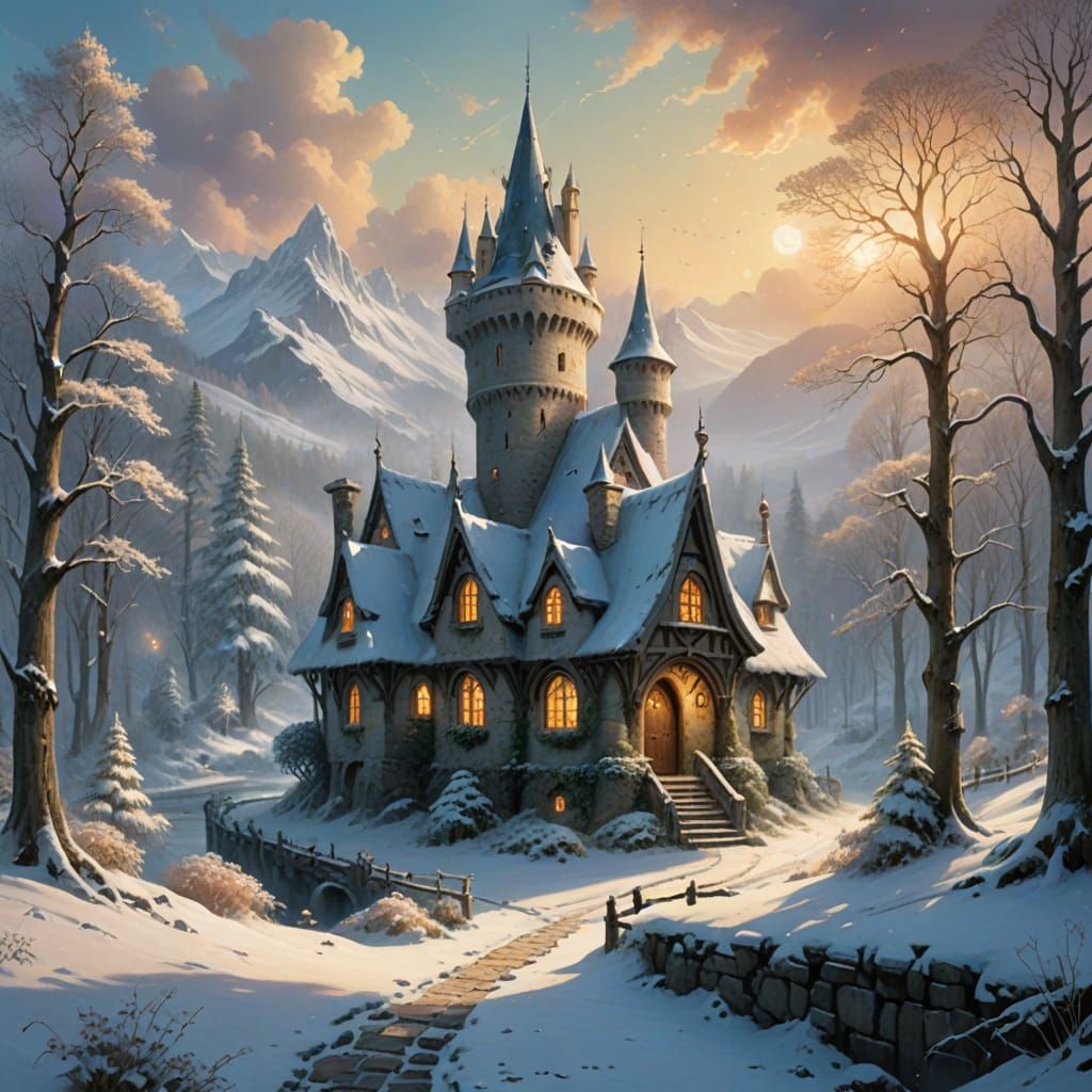 Whimsical Winter Stronghold in a Snowy Elvish Forest