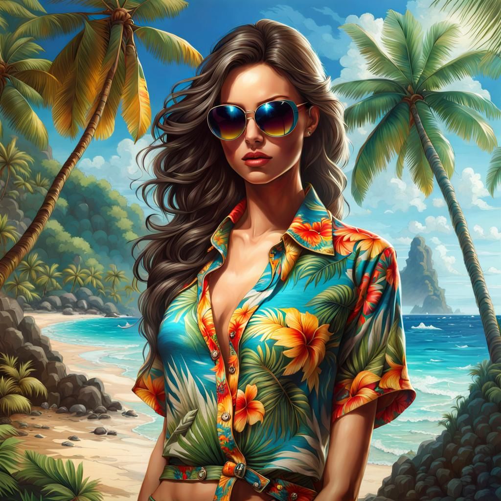 Tropical Beauty in Hawaiian Shirt, Fantasy Art